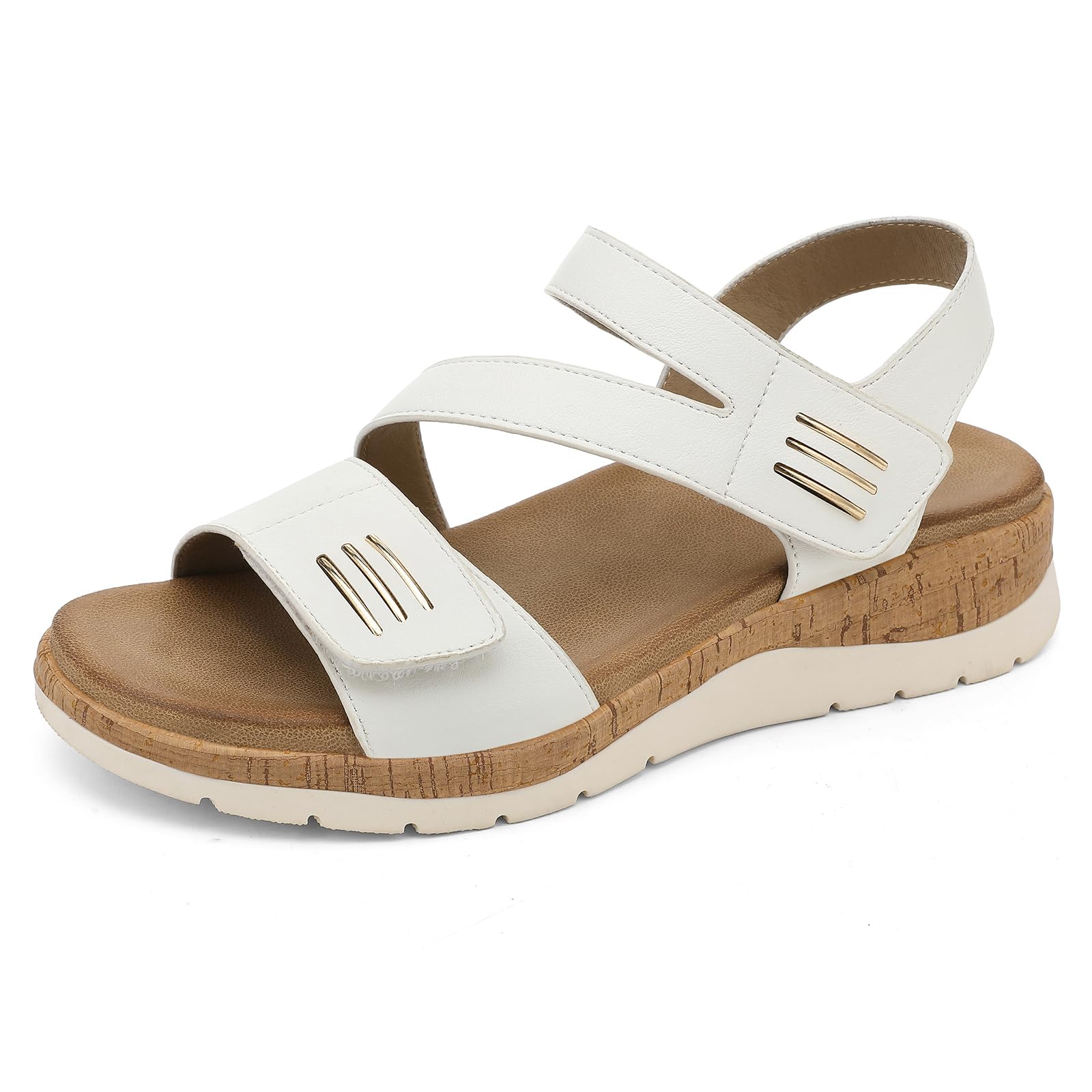 UBFEN Womens Flat Sandals Arch Support Open Toe Walking Comfy Casual Low Wedge Summer Shoes B White Size US 6 Image