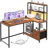 HOOBRO L Shaped Gaming Desk, 46 Inch Reversible Computer Desk with LED Light &amp; Power Outlet, Office Desk with Storage Shelves &amp; Drawer, for Home Office, Study, Rustic Brown and Black BF18UDDN01