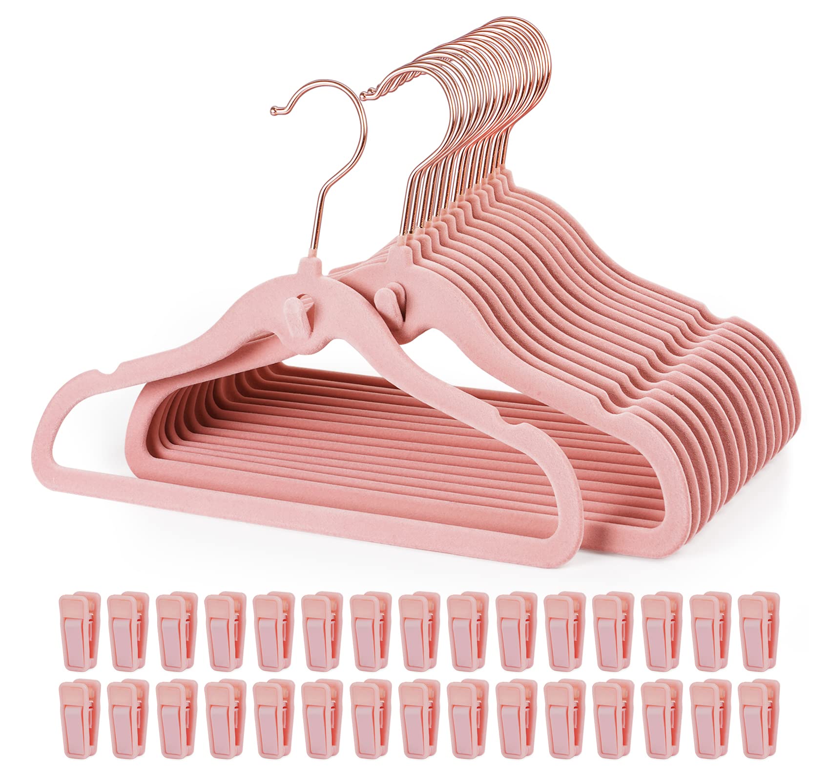 HOUISM Baby Clothes Velvet Hangers 30 Pack with 20 Finger Clips, Slim Space Saving Notched Shoulder, 360° Swivel Hook for Nursery & Kids Wardrobe