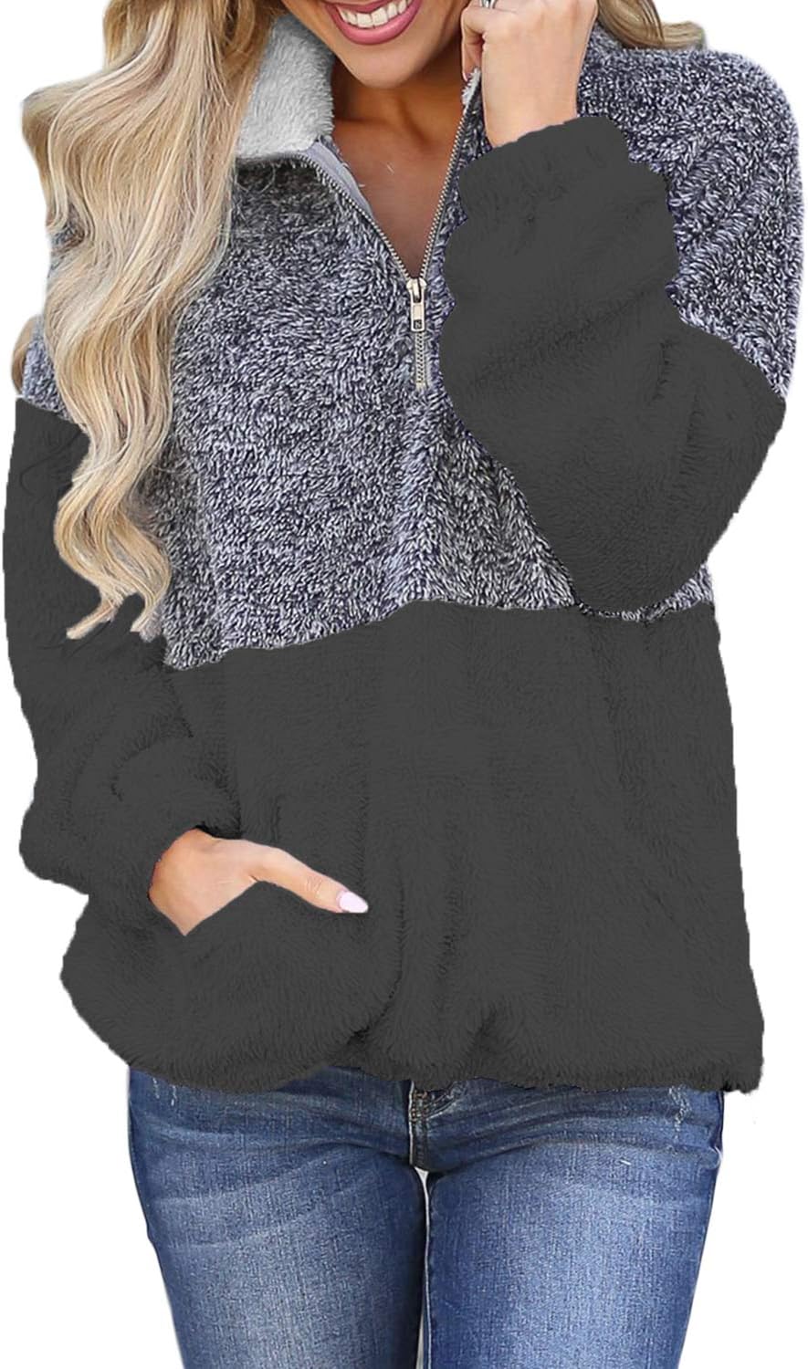 OLIVE TREE Women Long Sleeve Sherpa Pullover Zippered Soft Tops Coat Fleece with Pocket