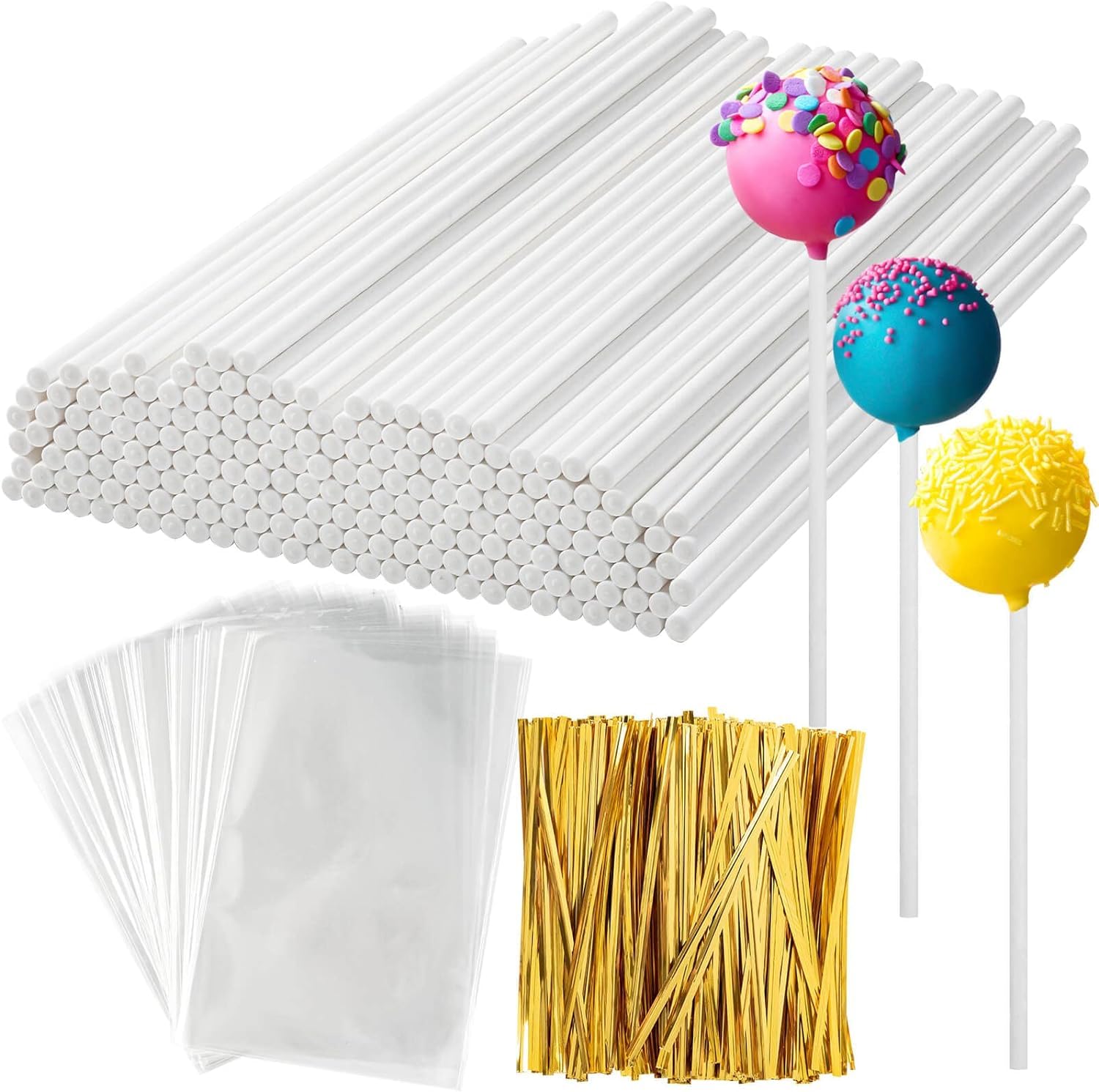300Pcs Cake Pop Sticks and Wrappers Kit, 100Pcs 6IN Lollipop Stick, 100pcs Gold Twist Ties, 100pcs Clear Candy Treat Bags Parcel for Lollipops, Candies, Chocolates Cookies