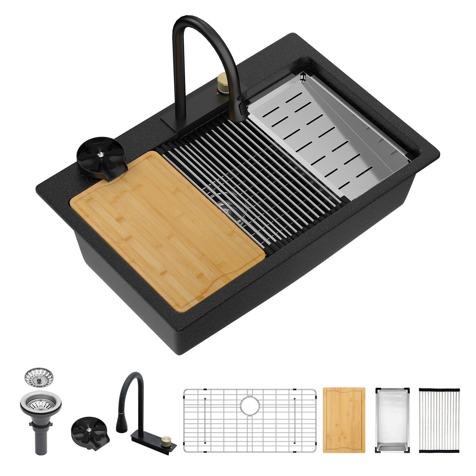 Photo 1 of **DAMAGED, INCOMPLETE** Dcolora Waterfall Smart Kitchen Sink 33x22 Drop In Single Bowl Multifunctional Kitchen Sinks With Faucet And Cup Washer,33 Inch Granite Composite (Black) DC-SFDOE00002