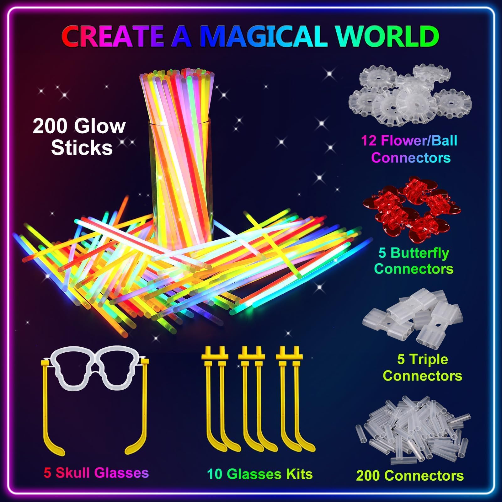 BUDI 467Pcs Glow Sticks - Halloween Party Favors Glow in the Dark Party Supplies for Kids Adults 4th of July Accessories Neon Decors Glowsticks Bulk 8 Inch & Connectors Necklace Bracelet Glasses