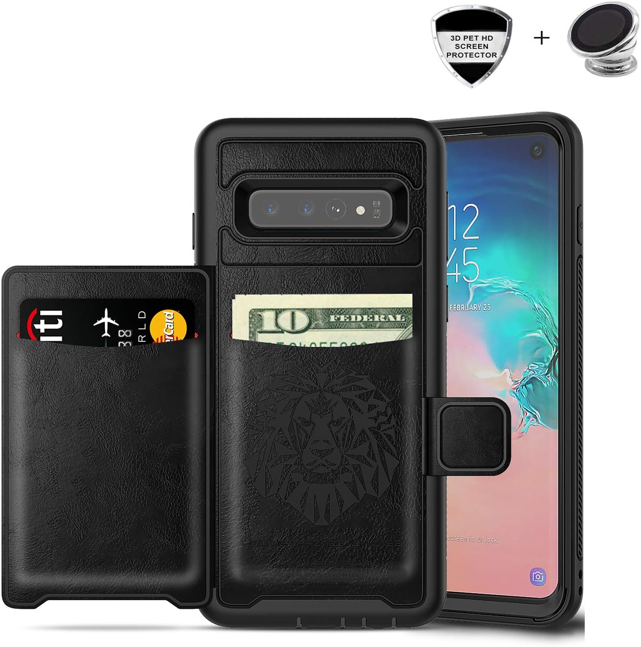 Galaxy S10 Plus Case, Sumsung S10 Plus Wallet Card Slots Holders Kickstand Flip Cover Bumper PU Leather TPU Rubber Hard Magnetic Slim Shockproof Durable Shockproof Protective Case Cover (Black)