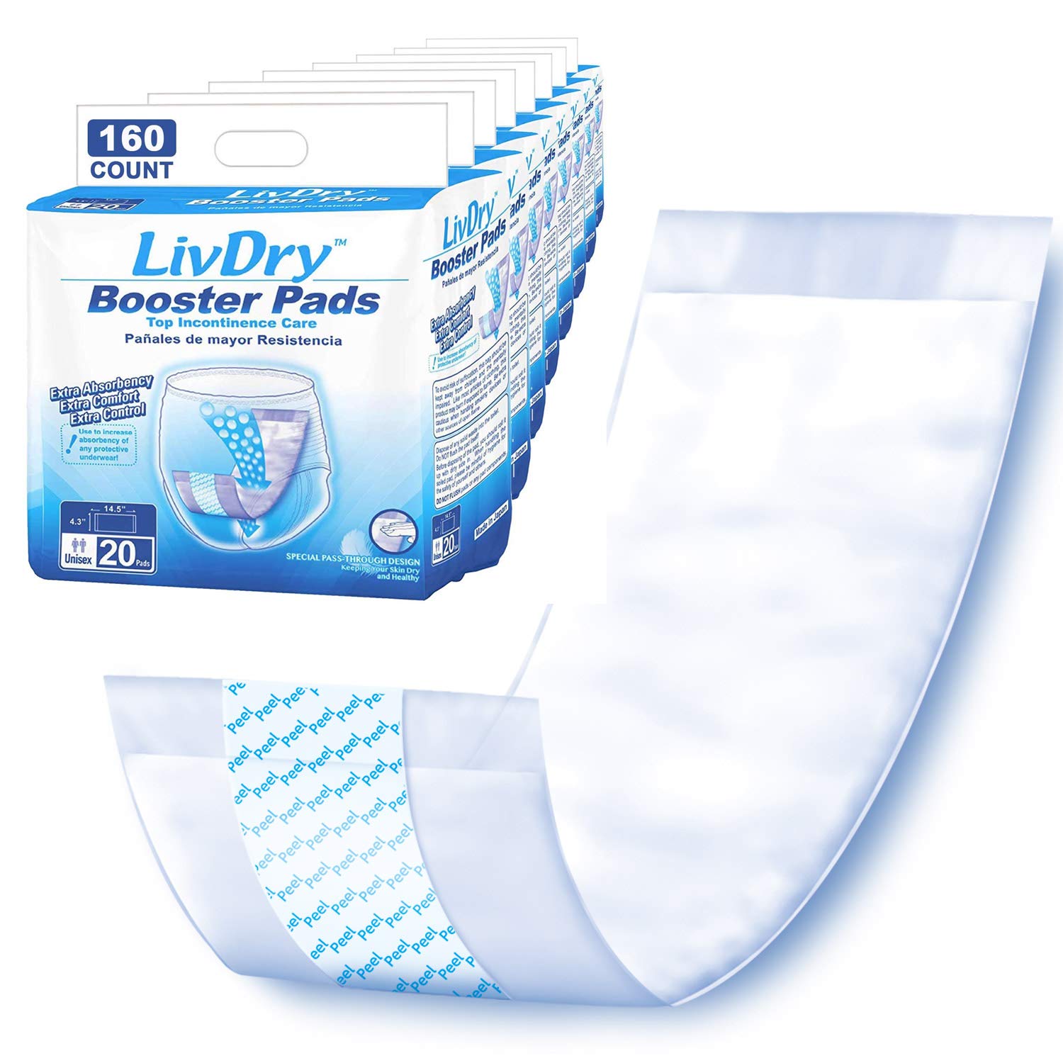 Incontinence Booster Pads by LivDry | Extra Absorbent Protection for Adults, Unisex | Disposable Comfortable Pad (160 Count)