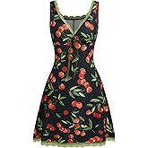 CIDER Mini Dresses for Women Cherry Sweetheart Neck Sleeveless Sundress Knotted Tie Sun Dresses for Summer: Black, M