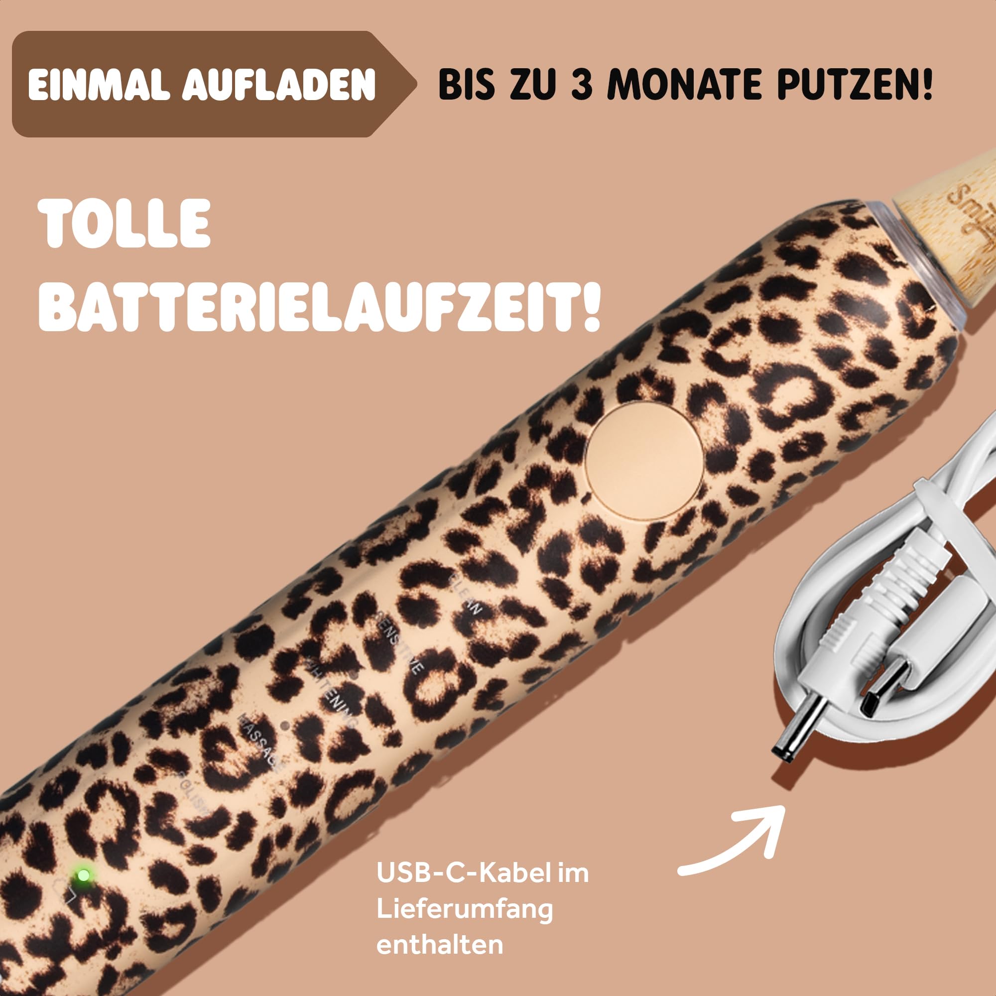 Smyle zahnbürste - Schallzahnbürste mit Drucksensor – Elektrische Zahnbürste mit 4 Monate Akku, 40.000 Vibrationen/min, 5 Modi, Timer, USB-C, 2 Bürstenköpfe, wasserdicht – Panter 3
