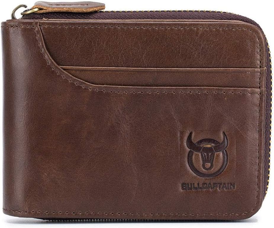 Genuine Leather Men Wallet, RFID Blocking Antimagnetic Credit Card Holder, Zipper Coin Purse Brown, 2t