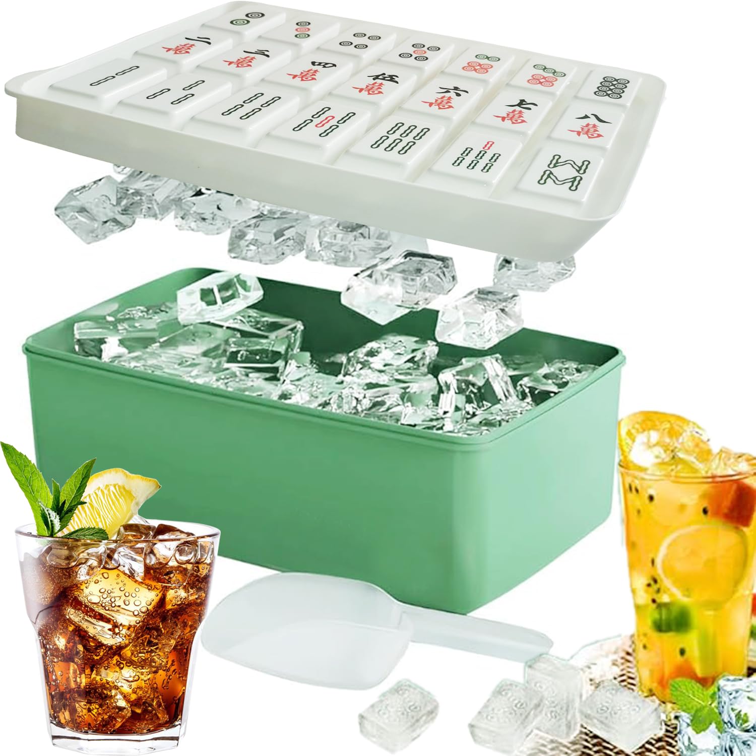 Chinese Mahjong Ice Cube Tray with Lid and Bin - Mahjong Pattern 21 Cubes, Easy-Release Ice Cube Molds with Scoop & Storage Container, Nice Kitchen Gadget for Drinks, Coffee, Cocktails