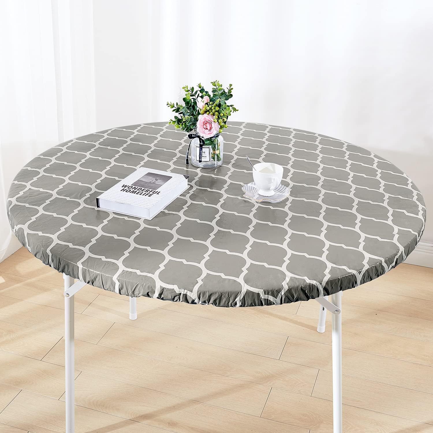 Heavy Duty Vinyl Round Fitted Tablecloth, Gray Moroccan Design, Spillproof Waterproof Elastic Table Cover with Flannel Backed Lining, Fits 45" to 56" Round Table, for Indoor/Outdoor Use : Garden & Outdoor