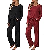 Ekouaer Womens 2 Pack Pajama Set Short & Long Sleeve Pajamas Top and Pants V Neck Pjs Set Soft Loungewear with Pockets