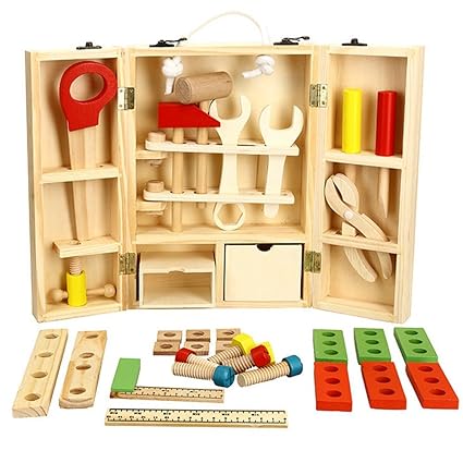 BEESCLOVER Kids Wooden Tool Box Set Construction Toys Wooden Toys for Children Pretend Play Kids Tool Toy Set