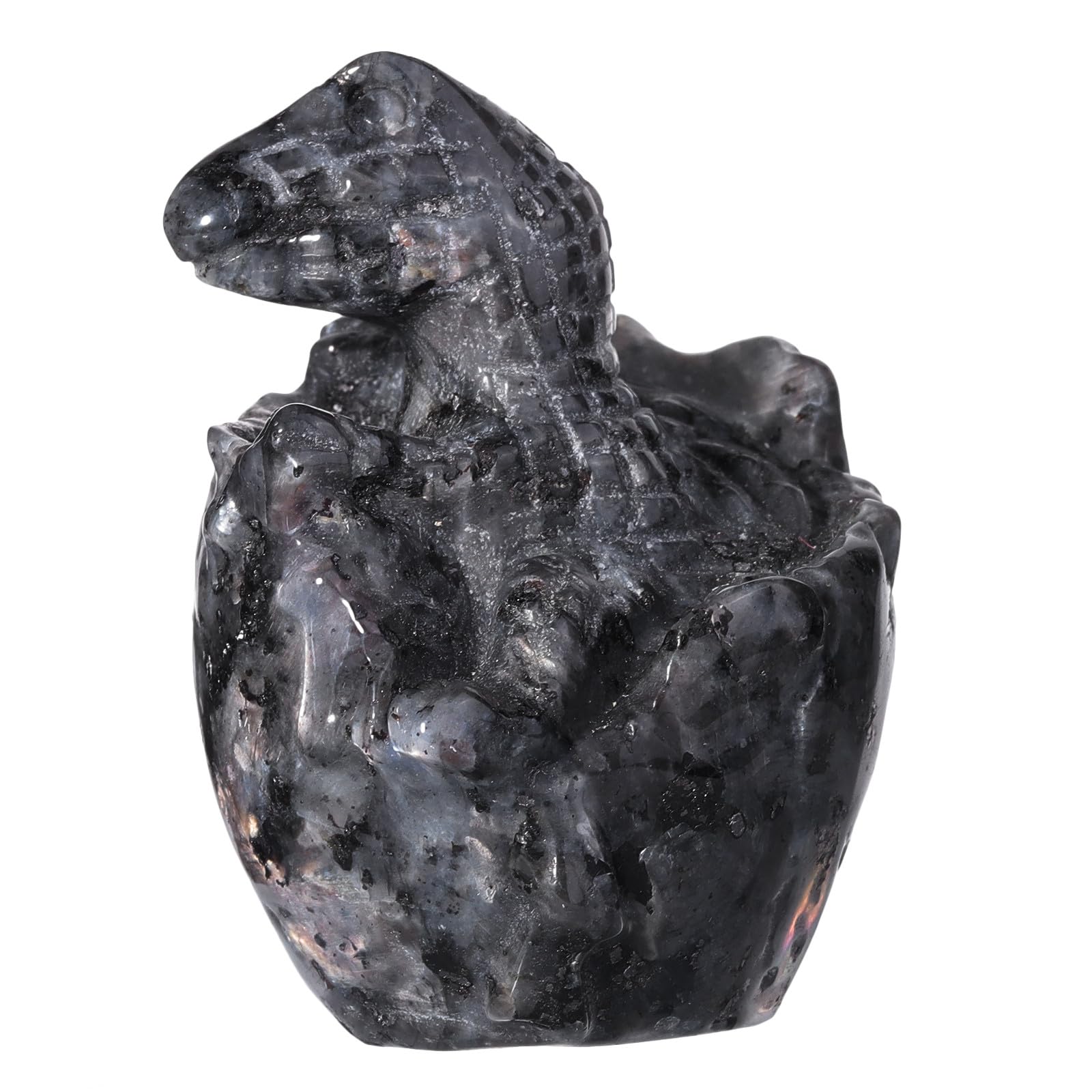 Nupuyai 2.5" Black Labradorite Crystal Stone Hatching Dinosaur Egg Statue, Carved Stone Figurine Prehistoric Animal Collection Good Luck Home Office Decor