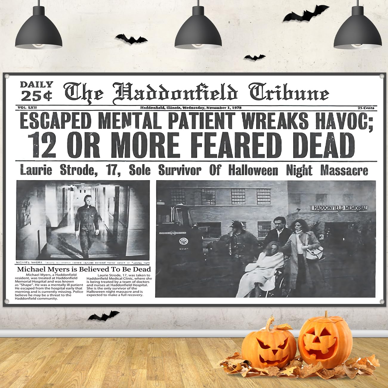 Photo 1 of Halloween Decorations Massacre Newspaper Backdrop Vintage Michael Myers Halloween Wall Art Haunted House Horror Banner for Room Wall Decor