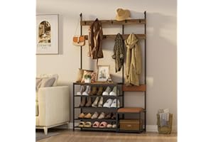 LOVMOR Hall Tree with Shoe Bench, Coat Rack Shoe Bench for Entryway, Multifunctional Coat Rack with 9 Hooks, Entryway Hall Tree with Soft Seat,Metal Wood Look Accent Furniture