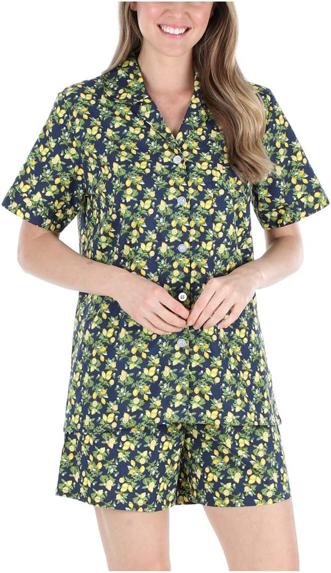 Women's Sleepwear Poplin Cotton Short Sleeve Button Up Top Pajama Set