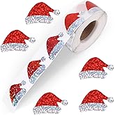 500pcs Santa Hat Stickers, Glitter Christmas Stickers Roll Self-Adhesive for Xmas Envelopes Cards Gifts Party Decorations Holiday Supplies