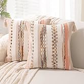 WANLIRD Boho Throw Pillow Covers 18x18 Set of 2 Woven Tufted Farmhouse Pillows Cover with Tassels Textured Striped Cushion Case Neutral Pillow Cases Decorative Pillowcase for Sofa Couch Bed,Orange
