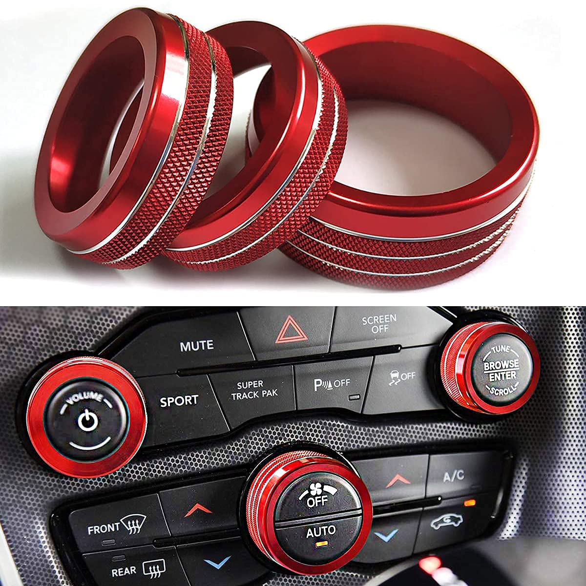 Photo 1 of Auprite Climate Control Knob Covers for Challenger Accessories 2015-2023 2024, for Dodge Charger 2015-2023 2024, for Dodge Chrysler 300/300s 2015-2024,3Pcs Kit (Red)