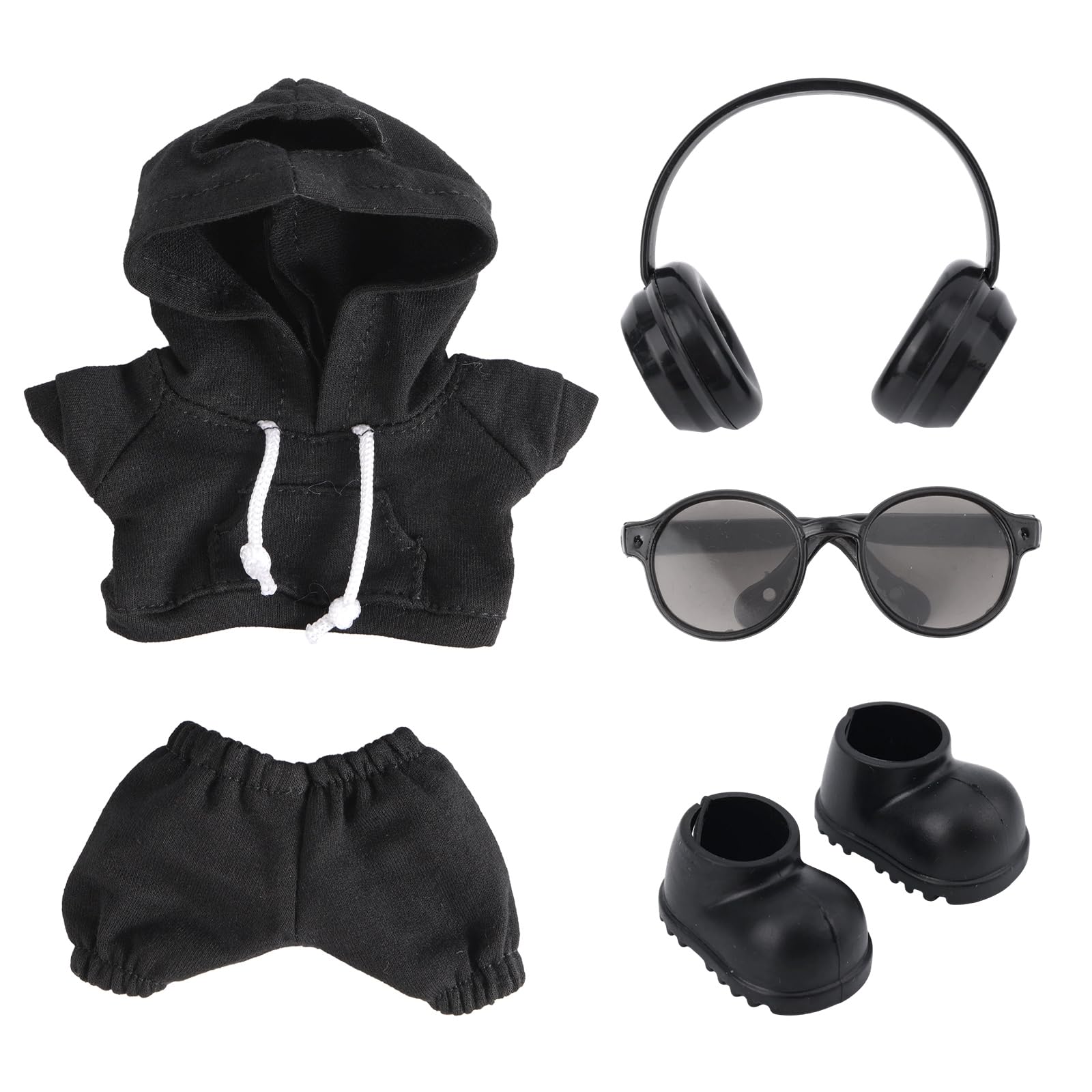 Penitue Doll Clothes Set for 17cm/6.7in, Fashion Style Hoodie Outfit with Pants Glasses Headphones & Shoes Toy Costume Clothing Accessories for Display & Dress (Black, No Doll Included)