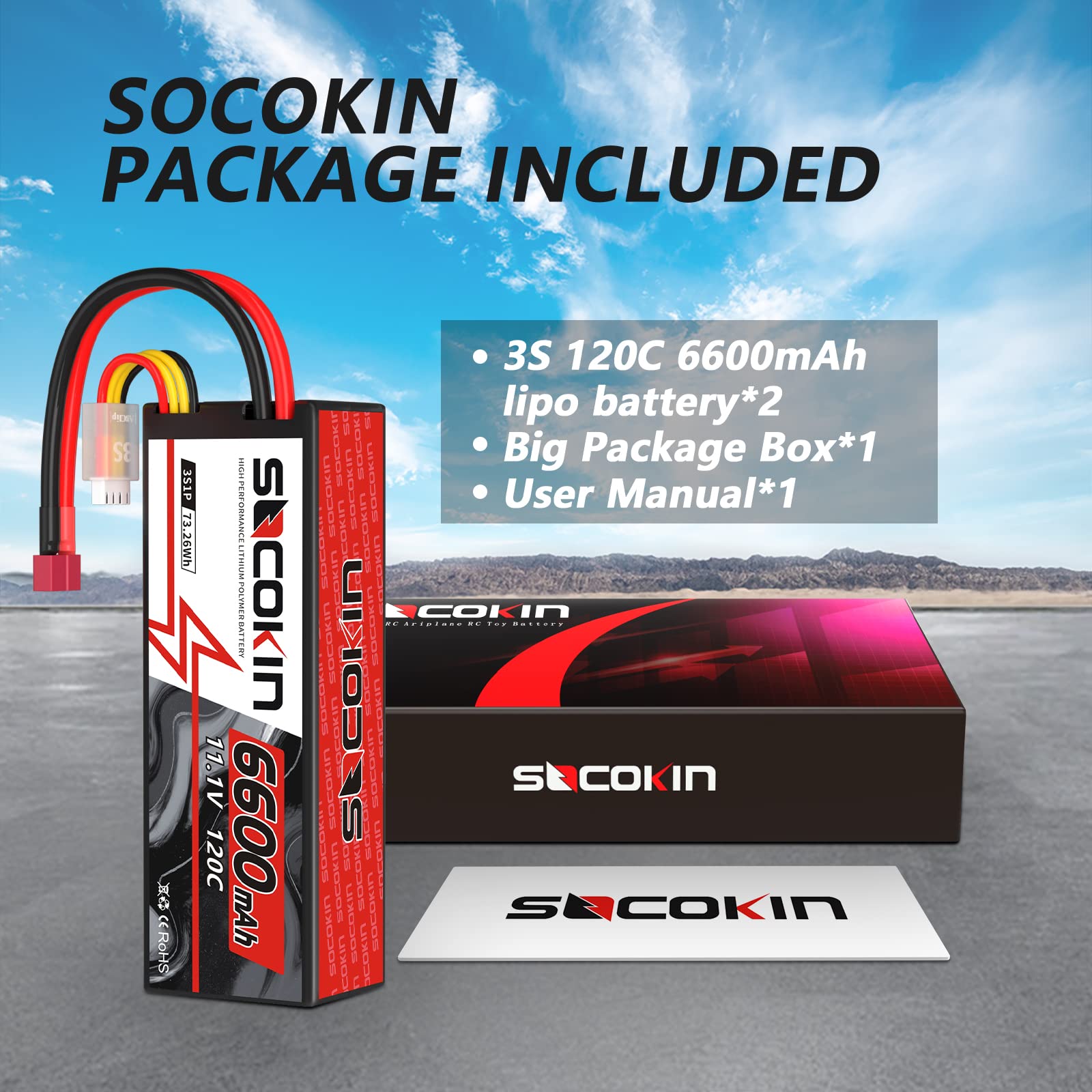 SOCOKIN 3S Lipo Battery 6600mAh 11.1V 120C with T