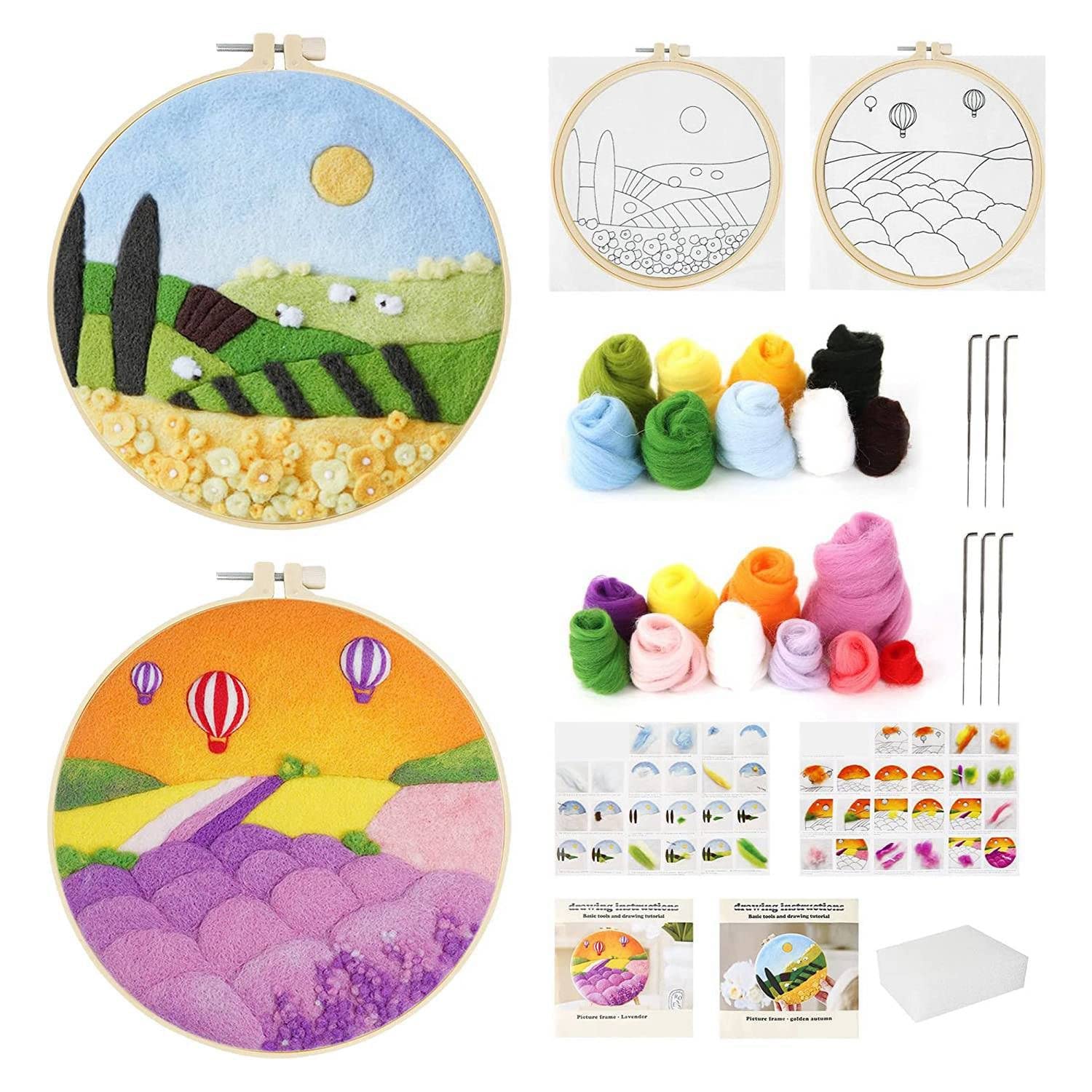 Hopbucan 2 Needle Felt Kits,Needle Felt Kit, Wool Felt Supplies with Instructions,Needle Felt Pads,Felt Needles,W351+W407