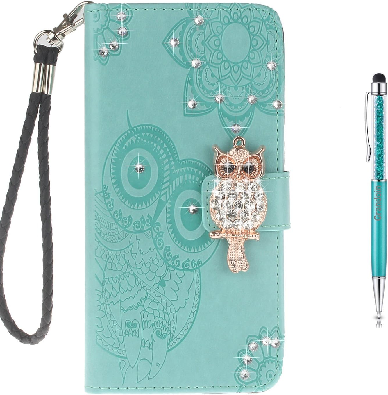 Grandoin Huawei Mate 10 Lite Case, Floral Bling Sparkly Diamonds Gems Cute Owls Pattern Design Premium PU Leather Magnetic Flip Cover with Card Slots Holders Case For Huawei Mate 10 Lite(Green)