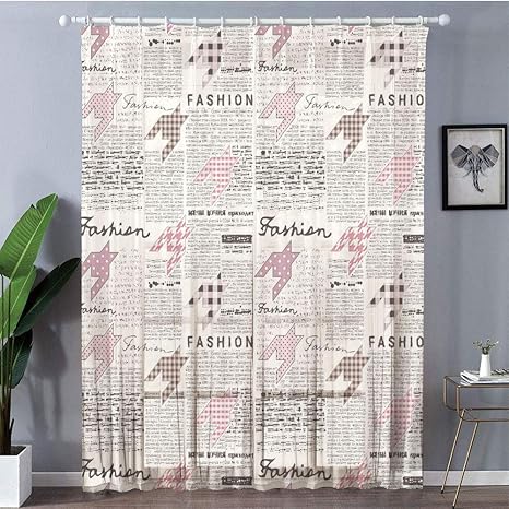 Amazon 昼間中から見えて外から見えにくい 半透明感 ポンポン 洗える 省エネ 幅100cm 丈218cm ファッションの家の装飾 カラフルな装飾のモダンなイラスト ホワイトピンクのレトロなスタイルの新聞 カーテン ブラインド オンライン通販