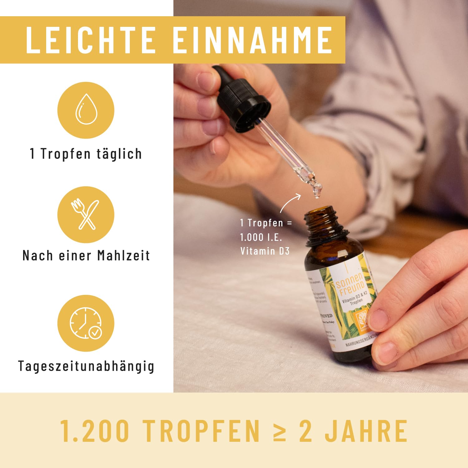 NATURTREU® Vitamin D3 K2 Tropfen hochdosiert & vegan - 100% pflanzlich (ohne tierisches Lanolin) - 1000IE Vitamin D + Vitamin K2 - Sonnenfreund 7