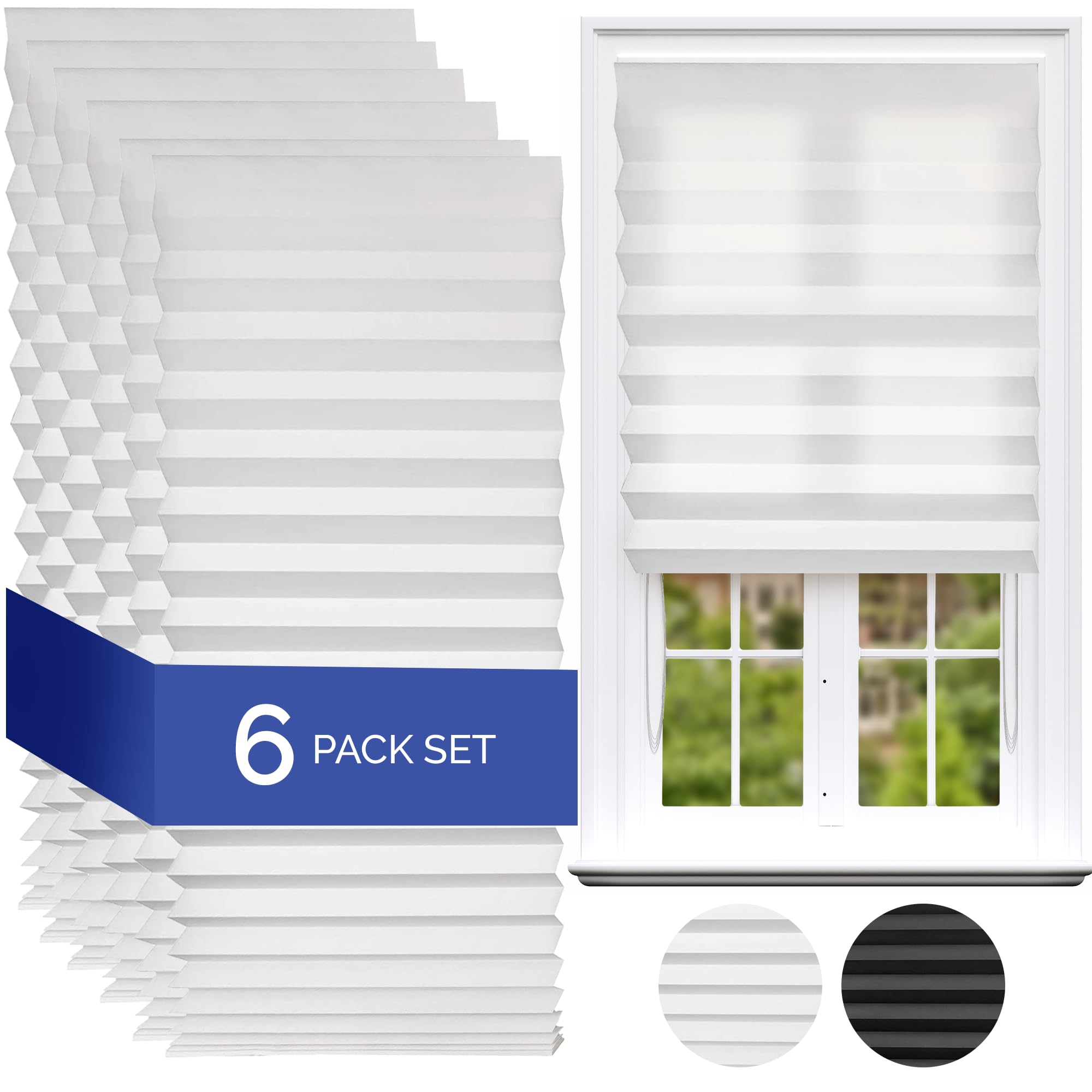 Temposhade Light Filtering Temporary Blinds - 6 Pack (110g sqm) | 91.4cm Wider Blind, Easy Stick Up & No Screws | Temporary Home Pleated Paper Window Blinds | White