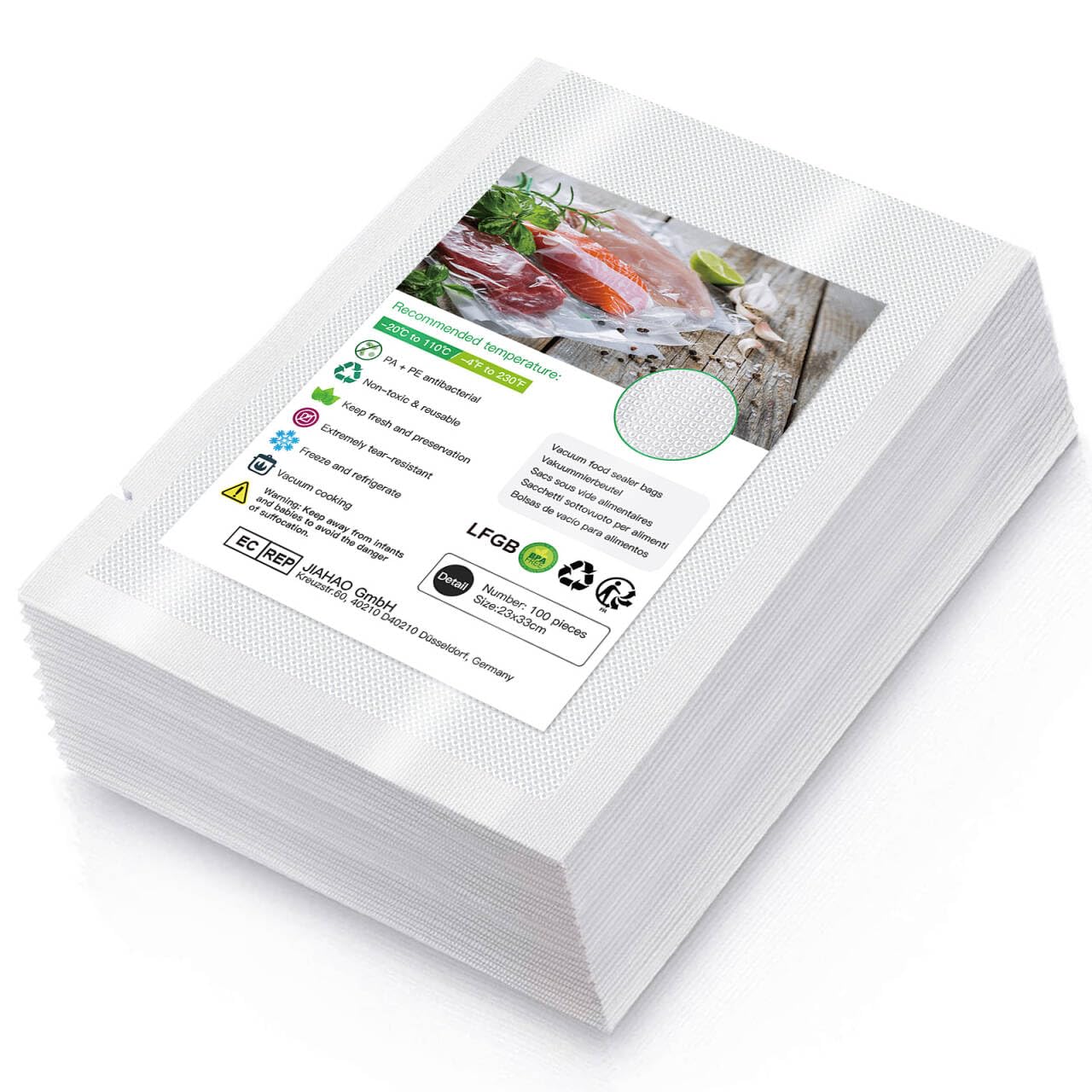 Vacuum Food Sealer Bags 23x33cm 100 Bags Commercial Grade Textured Food Vacuum Sealer Bag Thick Embossed Bags Upgrade Design Pre-Cut Bag BPA Free for Food Storage Sous Vide Cooking