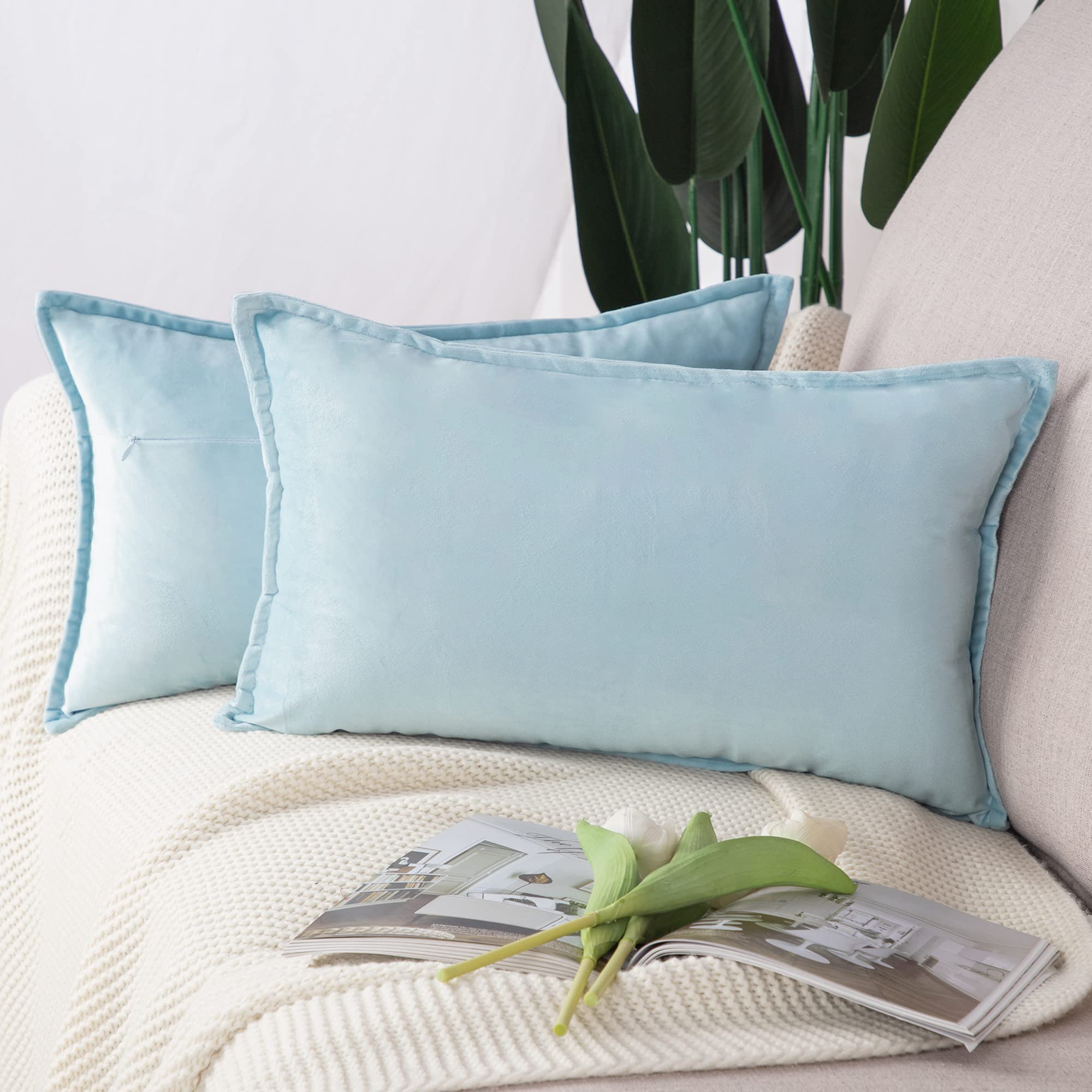 Madizz Pack of 2 Super Soft Velvet Decorative Cushion Covers with Fringe Luxury Style Cushion Case Pillow Shell for Sofa Bedroom Light Blue 12x20 inch, 30x50 cm Rectangular