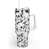 FYSUIMU 40oz Halloween Skull Tumbler with Handle Straw and Lid Spooky Skull Flower Travel Tumbler Coffee Cup for Halloween Favor Gifts Trick or Treat Holiday Party Home Office