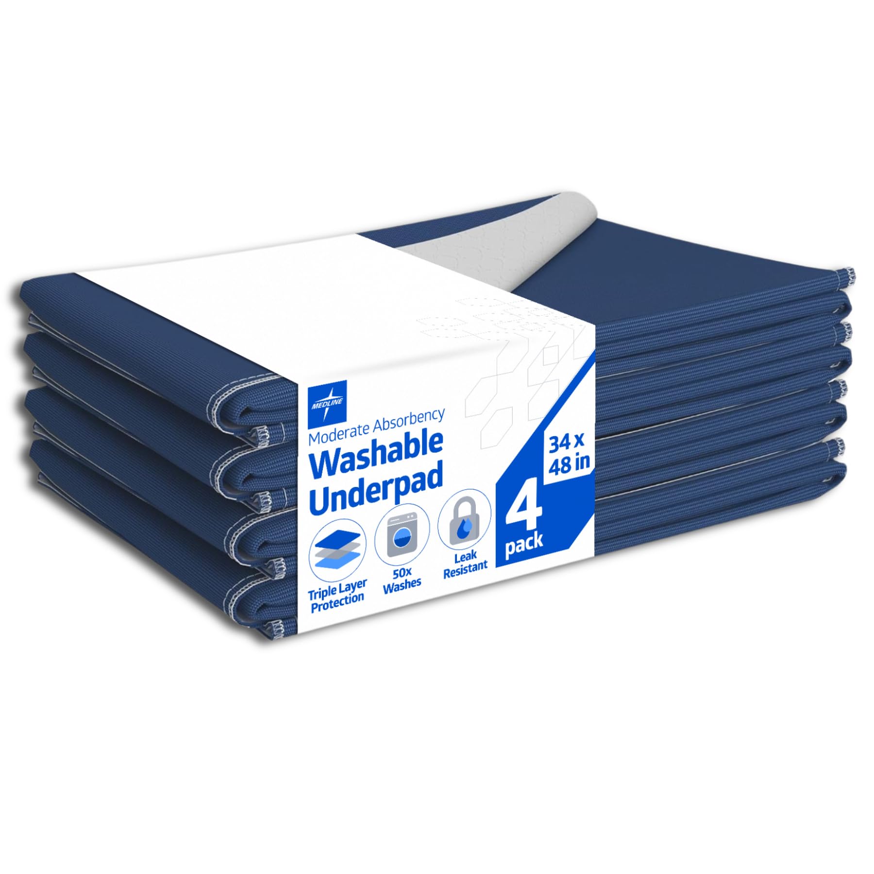 medline sofnit 300, pack of 4 large washable blue underpads, 34”x 48” for use as reusable pet pads,