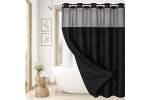 Craidlela No Hooks Boho Black Shower Curtain Set with Snap-in Liner, Farmhouse Woven Fabric Tufted Chevron Striped Textured Shower Curtain, Modern Style with See Through Window 72 x 74
