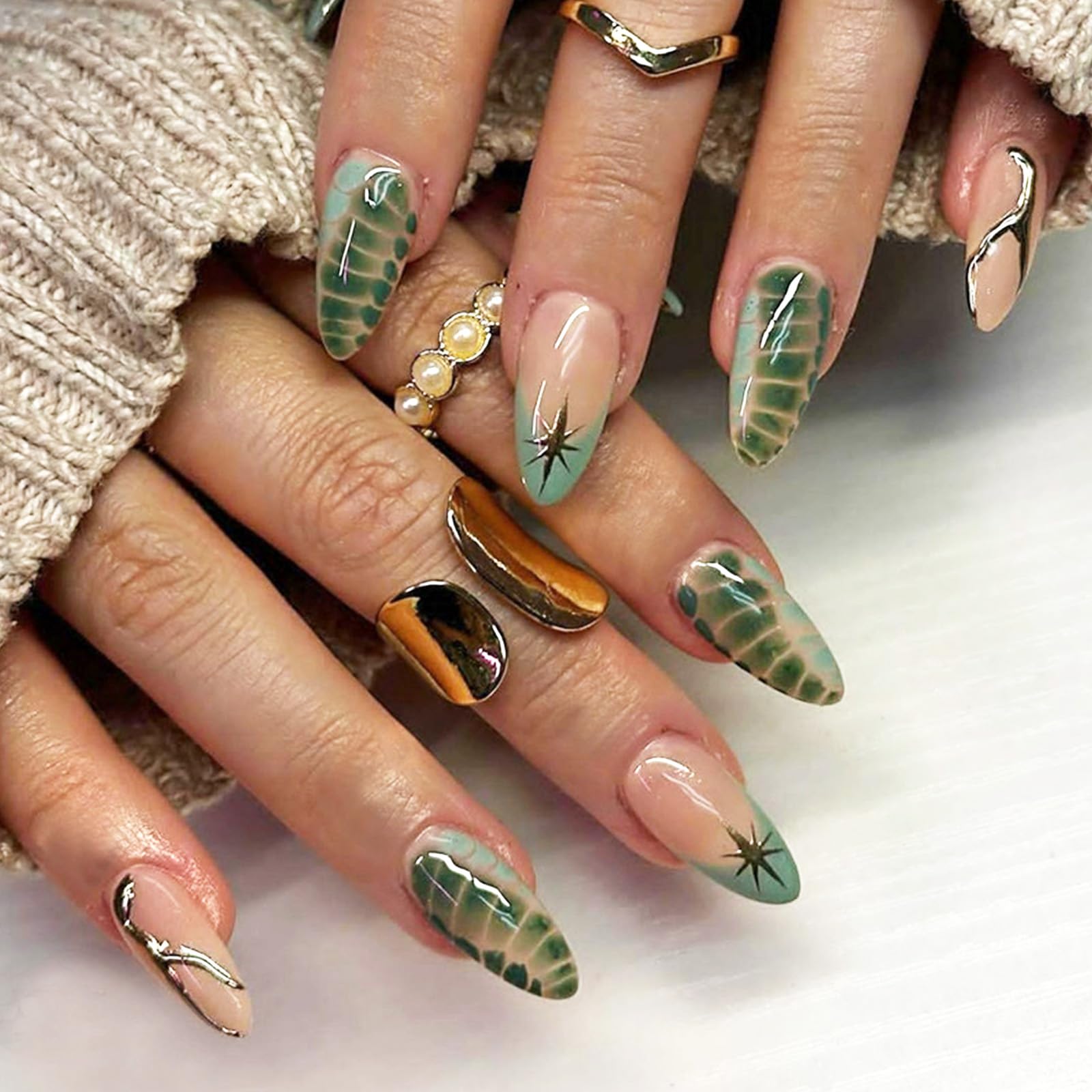 Photo 1 of Green Tortoise Press on Nails Almond Medium Fake Nails Green French Tip False Nails Gel Glue on Nails Stars Acrylic Nails Gold Curve Line Stick on Nails for Coquette Women Girls 24Pcs