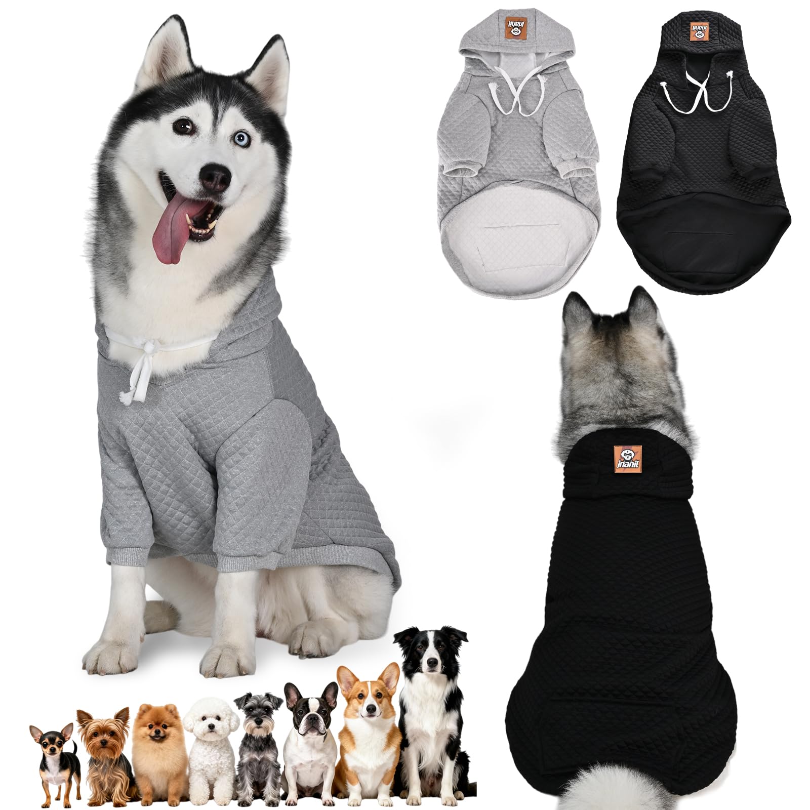 Photo 1 of 2 Pack Dog Hoodie for Large Medium Small Dogs, Soft Warm Dog Sweater Jackets Winter Fall Pet Hooded Clothes Custume Dogs Sweatshirt with Leash Hole and Pocket, Black ans Grey, L