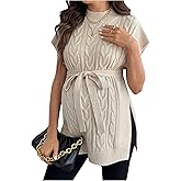 MakeMeChic Women's Maternity Sweater Cable Knit Mock Neck Cap Sleeve Split Pregnancy Pullover Top