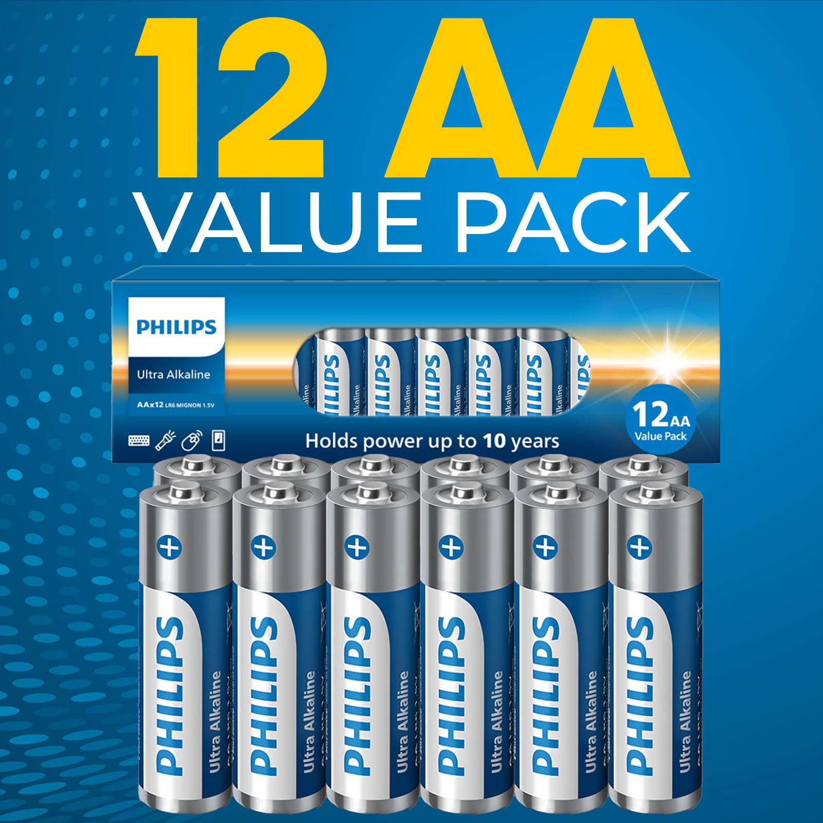 PHILIPS AA Batteries 12 Pack 1.5v Ultra Alkaline Double A Batteries, 10-Year Shelf Life, Ideal for Blink Outdoor Battery, Alarm System, Doorbell, Smoke Detector Batteries. [Non-Rechargeable]