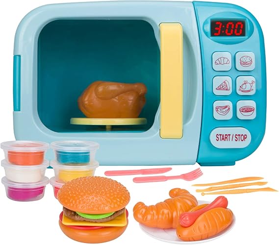 Amazon.com: Christoy - Juego de cocina para microondas con sonido ligero para niños con comida falsa y arcilla de 6 colores para juegos de masa, ideal para niños de 3 años y