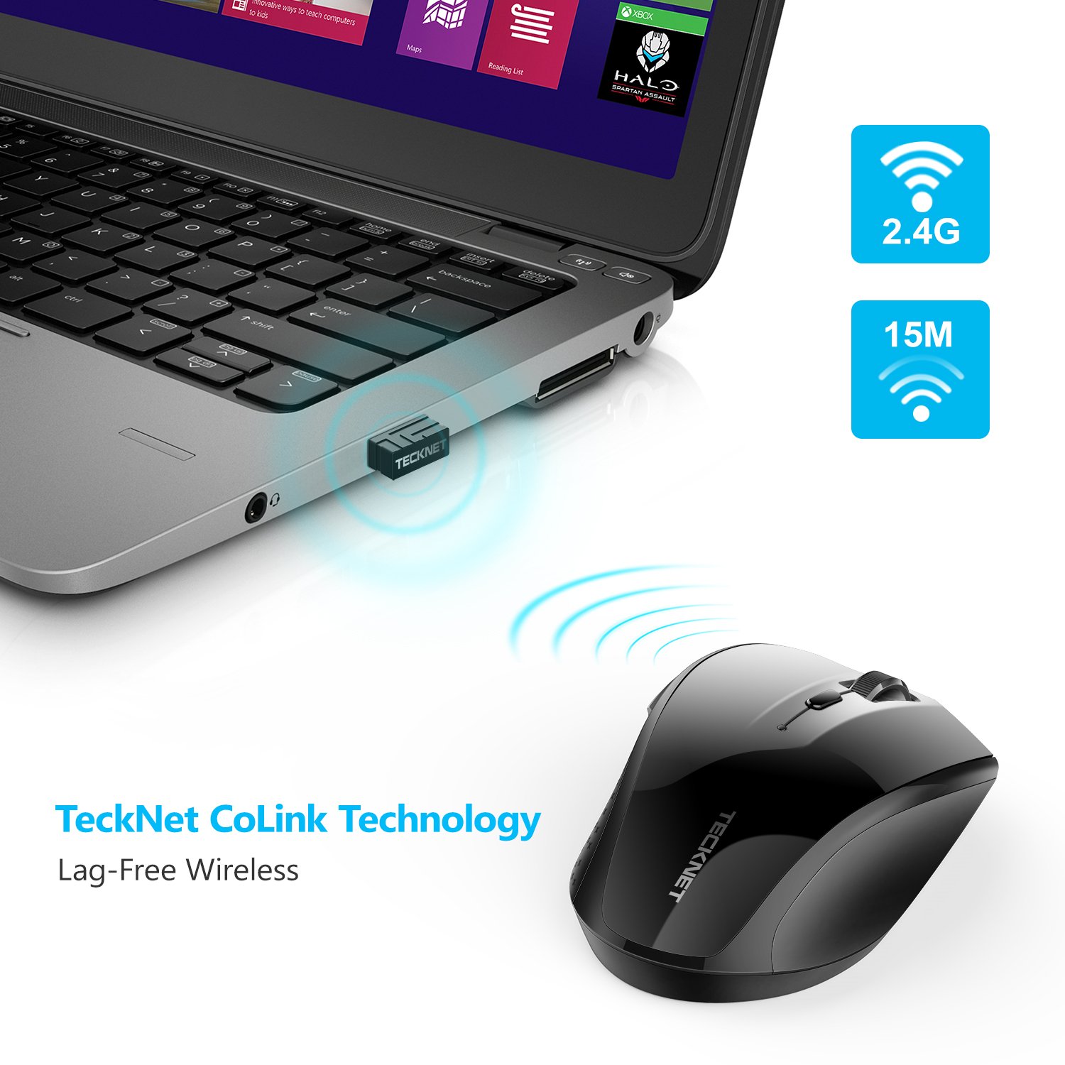 TECKNET Silent Maus Kabellose, 4800DPI 2.4GHz Leise Funkmaus mit Nano Empfänger, Side Control, Ohne Klickgeräusche, 6 Verstellbare DPI Level, Sechs Knöpfe Wireless Maus für Büro Zuhause, Schwarz 5