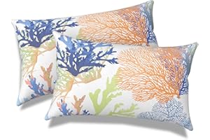 Melody Elephant Pack of 2 Outdoor Lumbar Pillow Covers, All Weather Cushion Pillow Cases 12x20 Inch, Pillowcase for Patio Couch Decoration, Coral Multi