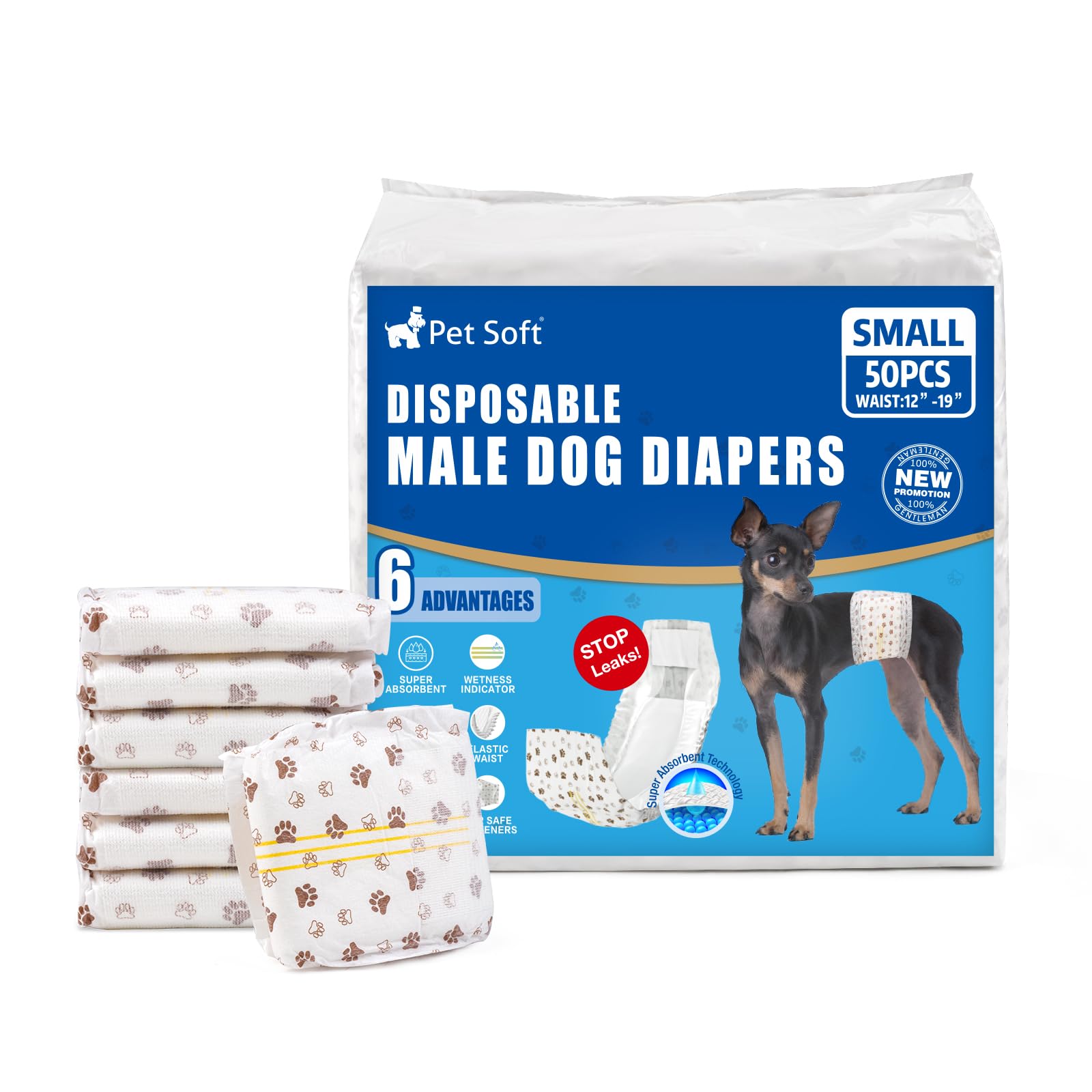 Pet Soft Dog Nappies Male- 50 Counts Disposable Male Dog Wraps, Super Absorbent Puppy Dog Diapers Incontinence Nappy Wraps with Wetness Indicator (S-50 Count)