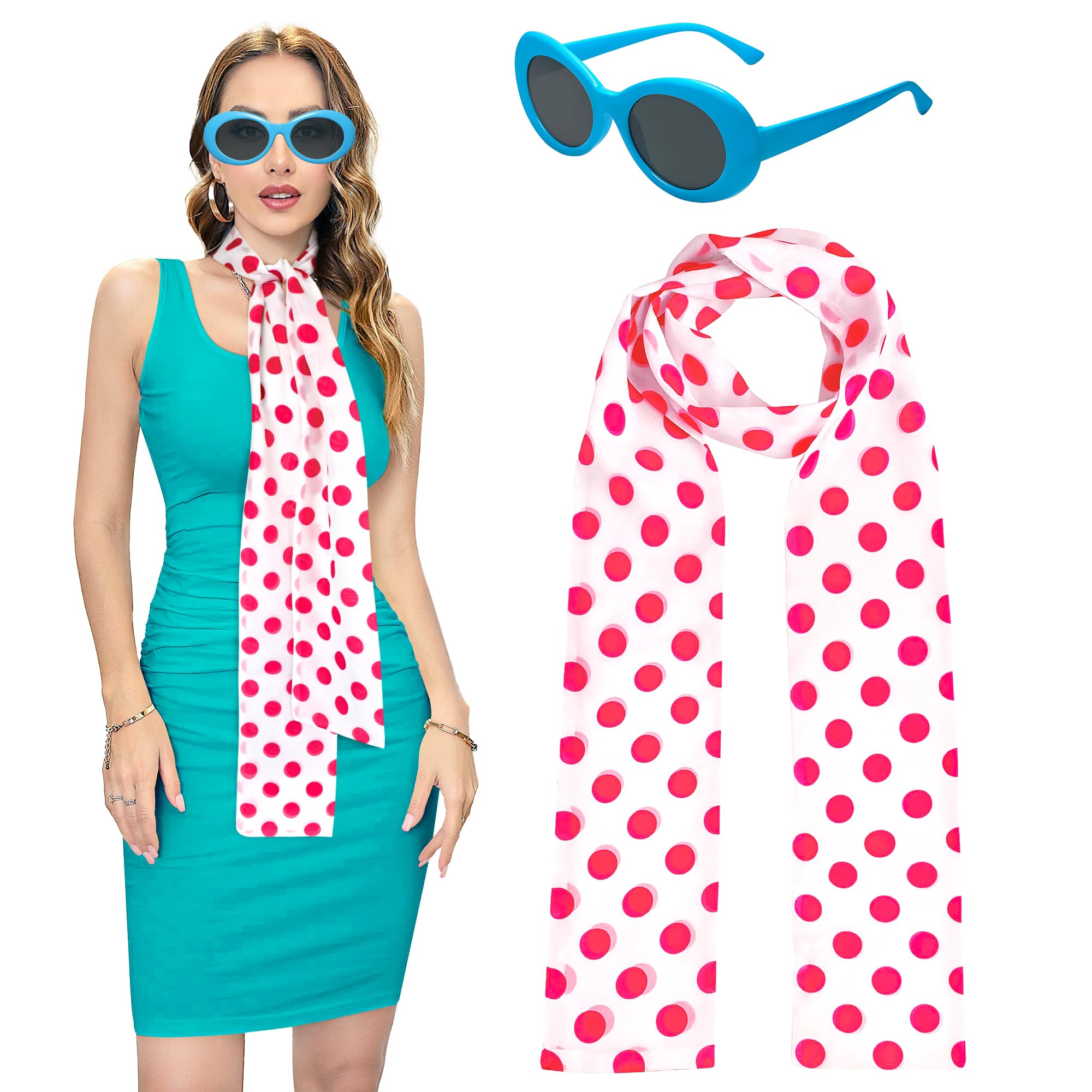 Alaxciax Pink Polka Dot Scarf with Blue Frame Polarized Sunglasses, Lucy Costume Accessories for Women Girls for Halloween Cosplay Fancy Dress (Lucy Costume Accessories)