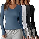 Oakgarden 4 Pack Women's Compression Yoga Shirts with Thumb Holes Slim Fit Long Sleeve V Neck Tops Workout Gym Athletic Top