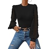 QIANZHIDU Women's Rib Knit Round Neck Polka Dot Long Sleeve Blouse Shirt Top