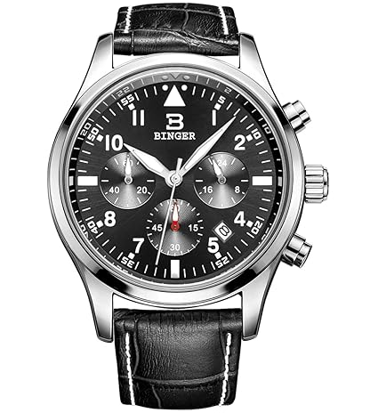 BINGER Mens Date Unisex Black Sports Chronograph Watches Stopwatch Timer Leather Strap Luminous Numerals