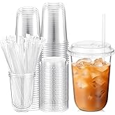 Ziliny 50 Sets Crystal Plastic Cups with Lids and Straws, Disposable Iced Coffee Cups Bulk PET for Wine, Cocktail, Smoothie, Milkshake, Cold Drinks, Juice, Wedding, Birthday, Coffee Shop, Party(16oz)