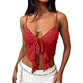 Women's Sexy Lace Up Padded Camisoles Spaghetti Straps V-Neck Ruffle Crop Tops Y2K Cami Shirt Streetwear