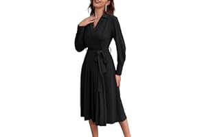 GRACE KARIN Women's Long Sleeve Pleated Dresses Wrap V Neck Flowy Business Casual A-line Dress